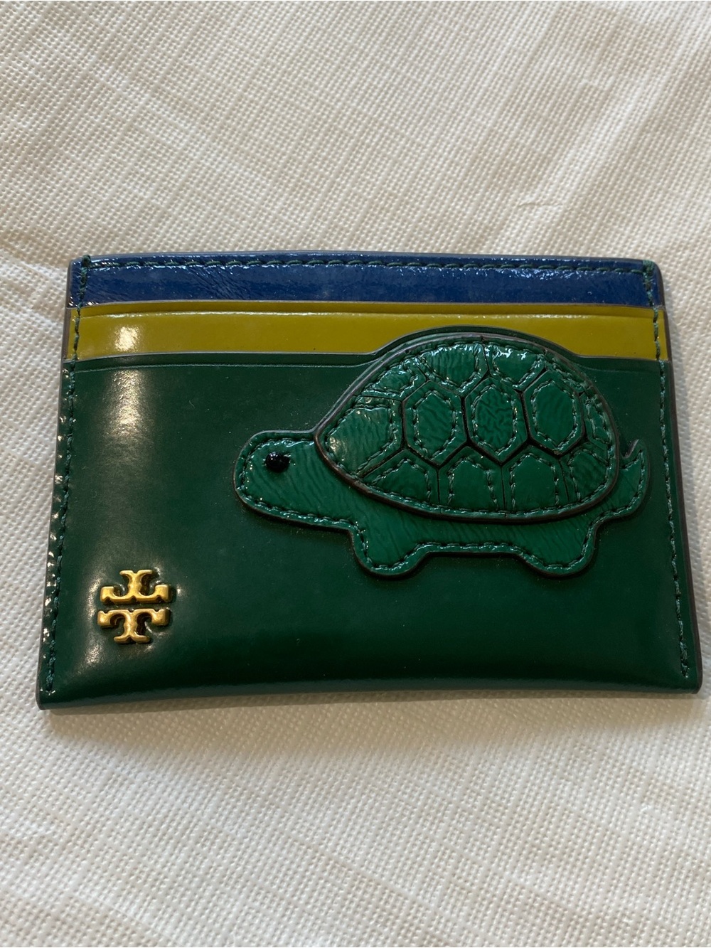 Tory Burch Green Patent Leather Turtle Card Case with Blue and Yellow Trim
